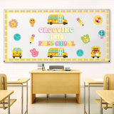 Xqumoi Retro Grooving into Preschool Bulletin Board Decorations - 86Pcs Groovy Hippie Boho School Bus Cutouts Trim Borders for Back to School Nursery Kindergarten Classroom Chalkboard Wall Decor