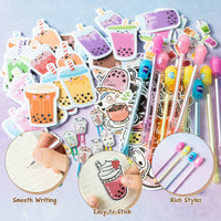 Xqumoi 114Pcs Bubble Tea Stationery and School Supplies Set - Cute Bubble Tea Sticky Notes, Paper Clip Bookmarks, Boba Decal Stickers and Pens, Assorted Mini Erasers, Back to School Gift for Kids