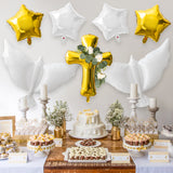 Xqumoi Religious Foil Balloons Party Decoration - 8Pcs Cross White Dove Aluminum Balloons Eucalyptus Vine for Baptism First Communion Party Supplies God Bless Christening Memorial Baby Shower (Gold)