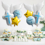 Xqumoi Religious Foil Balloons Party Decoration - 7Pcs Cross White Dove Star Aluminum Balloons for Baptism First Communion Party Supplies God Bless Christening Memorial Baby Shower Decor (Blue)