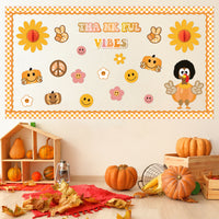 Xqumoi 91Pcs Retro Groovy Fall Turkey Bulletin Board Thankful Vibes Borders Decorations Hippie Autumn Pumpkin Daisy Give Thanks Cutouts for Thanksgiving School Classroom Home Office Chalkboard Decor