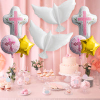 Xqumoi Religious Foil Balloons Party Decoration - 7Pcs Cross White Dove Star Aluminum Balloons for Baptism First Communion Party Supplies God Bless Christening Memorial Baby Shower Decor (Pink)