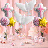 Xqumoi Religious Foil Balloons Party Decoration - 7Pcs Cross White Dove Star Aluminum Balloons for Baptism First Communion Party Supplies God Bless Christening Memorial Baby Shower Decor (Pink)