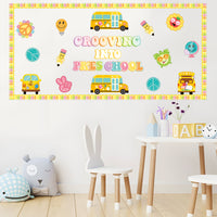 Xqumoi Retro Grooving into Preschool Bulletin Board Decorations - 86Pcs Groovy Hippie Boho School Bus Cutouts Trim Borders for Back to School Nursery Kindergarten Classroom Chalkboard Wall Decor