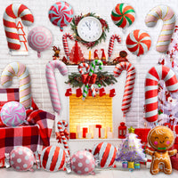 Xqumoi 30Pcs Christmas Foil Balloons Set Large Red Pink Candy Canes Round Candy Gingerbread Man Xmas Tree Mylar Helium Balloons Aluminum Balloons for Christmas Party Supplies New Year Eve Decoration