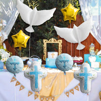 Xqumoi Religious Foil Balloons Party Decoration - 7Pcs Cross White Dove Star Aluminum Balloons for Baptism First Communion Party Supplies God Bless Christening Memorial Baby Shower Decor (Blue)