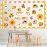 Xqumoi 94Pcs Retro Fall is Groovy Decorations Hippie Boho Autumn Pumpkin Maple Leaves Daisy Boarder Trim for Thanksgiving School Classroom Home Office Chalkboard Decor