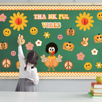 Xqumoi 91Pcs Retro Groovy Fall Turkey Bulletin Board Thankful Vibes Borders Decorations Hippie Autumn Pumpkin Daisy Give Thanks Cutouts for Thanksgiving School Classroom Home Office Chalkboard Decor