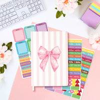 Xqumoi Coquette Pink Bow Hardcover Ruled Journal Notebook with Planner Stickers, A5 Hardbound Lined Journal Writing Notebook Teacher Appreciation Gift Back to School Office Supplies Diary Notepad