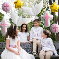 Xqumoi Religious Foil Balloons Party Decoration - 7Pcs Cross White Dove Star Aluminum Balloons for Baptism First Communion Party Supplies God Bless Christening Memorial Baby Shower Decor (Pink)