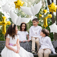 Xqumoi Religious Foil Balloons Party Decoration - 8Pcs Cross White Dove Aluminum Balloons Eucalyptus Vine for Baptism First Communion Party Supplies God Bless Christening Memorial Baby Shower (Gold)