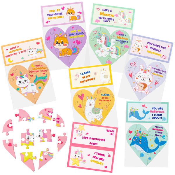 Xqumoi 28 Packs Valentines Unicorn Puzzles with Gift Cards for Kids, Heart Shape Unicorn Animal Jigsaw Puzzles Valentine's Day Exchange Gifts Bulk Party Favors Classroom School Goodie Bags Fillers