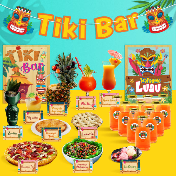 Xqumoi Luau Party Bar Decorations Set - Hawaiian Bar Sign Tiki Bar Banner Toppings Labels Food Tent Cards Cup Bottle Tag Stickers for Summer Tropical Beach Fiesta Themed Party Supplies Decor