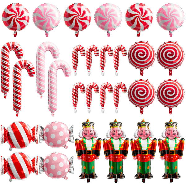 Xqumoi 30Pcs Christmas Foil Balloons Set Candy Canes Soldier Windmill Lollipop Swirl Mylar Balloons Red Pink Xmas Party Decoration Supplies for Winter Holiday Birthday New Year Eve Decor Baby Shower