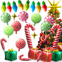 Xqumoi 30Pcs Christmas Foil Balloons Set Candy Canes Square Shaped Cube Light Bulbs Stars Round Candy Mylar Balloons with ribbon Aluminum Balloons for Christmas Party Supplies New Year Eve Decoration