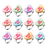 Xqumoi 12Pcs Valentine’s day Conversation Heart Candy Adjustable Rings Cute Hug Me Be Mine Resin Rings with Love Heart Shape Design Jewelry Accessories Party Favor Valentine Gift for Women Girls Kids