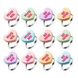 Xqumoi 12Pcs Valentine’s day Conversation Heart Candy Adjustable Rings Cute Hug Me Be Mine Resin Rings with Love Heart Shape Design Jewelry Accessories Party Favor Valentine Gift for Women Girls Kids