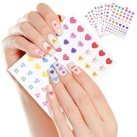 Xqumoi 8 Sheets Conversation Heart Candy Nail Stickers Art Decals 3D Self-Adhesive Nail Decals Colourful Heart Love Patterns Design DIY Manicure Nail Accessories Decorations Gift for Women Girls