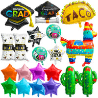 Xqumoi 2023 Graduation Foil Balloons Decorations Pack of 20 | Mexican Taco Llama Congrats Grad Hat Certificate Mylar Balloons Cactus Fiesta Graduation Photo Props for School Grad Party Celebration