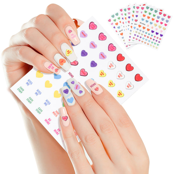 Xqumoi 8 Sheets Valentine’s day Conversation Heart Candy Nail Stickers Art Decals 3D Self-Adhesive Nail Decals Love Heart Pattern Design DIY Manicure Nail Decorations Valentine Gift for Women Girls