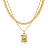 Xqumoi Initial Letter Pendant Necklaces 18K Gold Plated Copper Dainty Layered Necklaces Accessory Set Capital Letter M Rectangle Pendant Box Chain Snake Herringbone Choker Jewelry Gift for Women Men