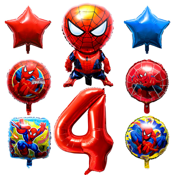 Xqumoi 8Pcs Superhero Balloons 4th Birthday Party Decorations Spider Giant Number 4 Round Square Star Shape Foil Balloons, Superhero Theme Birthday Party Favors Supplies Decorations for Baby Kids Boys