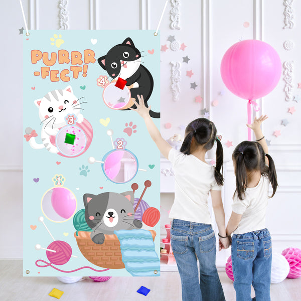 Xqumoi Cute Cat Toss Game with 4 Bean Bags Fun Animal Themed Party Games Supplies for Kids Birthday Kitty Small Cat Pet Throwing Game Banner Backdrop Decorations Indoor Outdoor Activity