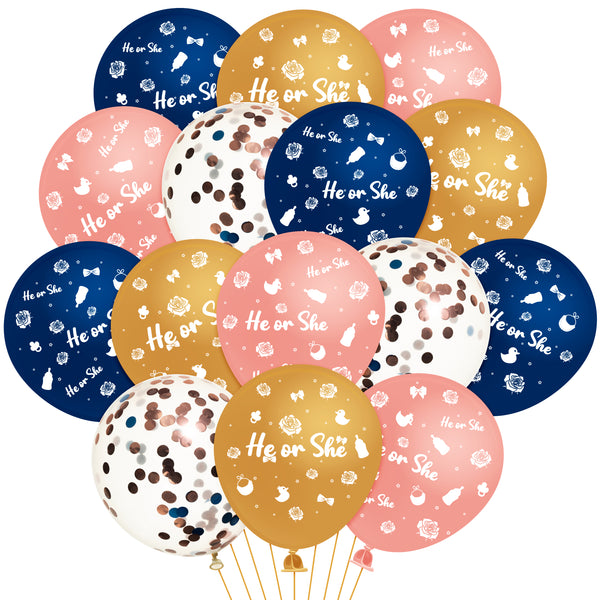 Xqumoi 36Pcs Navy Blue and Blush Floral Gender Reveal Balloons 12 Inch Assorted Colorful He or She Pattern Latex Confetti Balloons with Ribbon Party Decorations Supplies for Boy or Girl Baby Shower