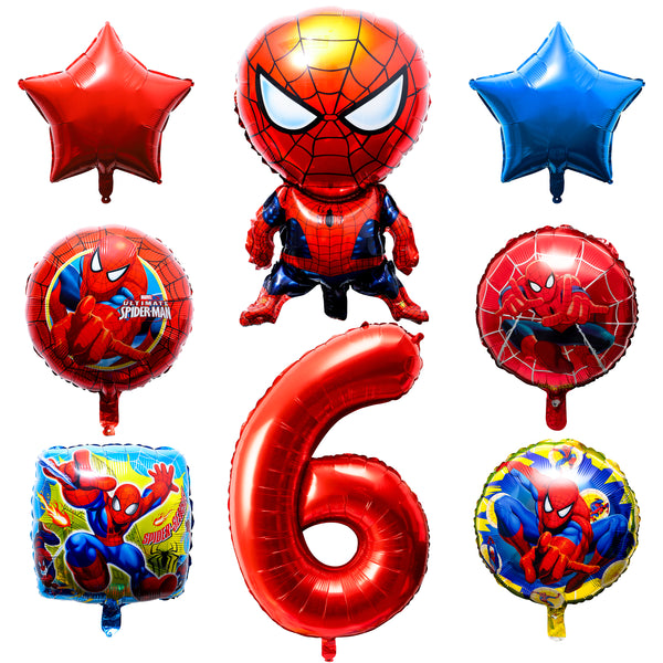 Xqumoi 8Pcs Superhero Balloons 6th Birthday Party Decorations Spider Giant Number 6 Round Square Star Shape Foil Balloons, Superhero Theme Birthday Party Favors Supplies Decorations for Baby Kids Boys