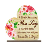 Xqumoi Boss Day Lady Gifts Wooden Appreciation Heart Shape Centerpiece Table Decoration Boss's Day Desk Sign Wood Plaques Keepsake for Her Women Female Office Home Room Decor (5.9inch x 5.9inch)