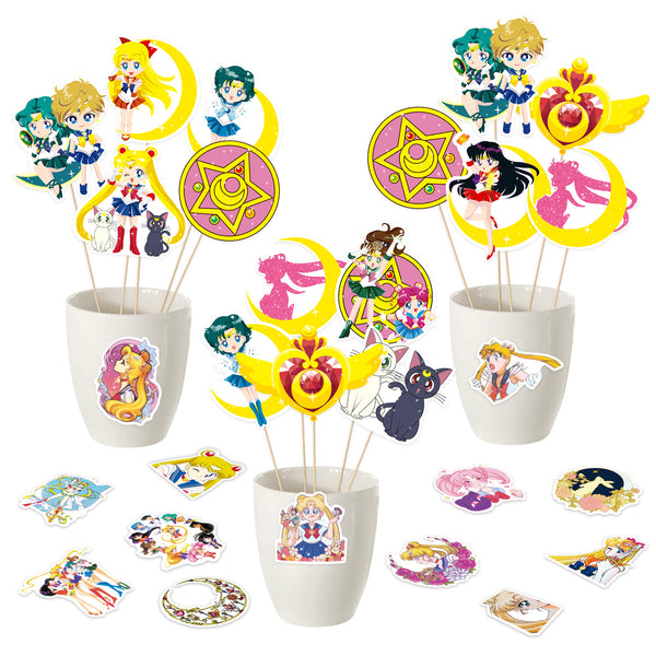 Xqumoi 80Pcs Sailor Moon Party Decorations, Centerpiece Sticks Table Toppers Anime Stickers Sailor Moon Themed Happy Birthday Party Favors Supplies for Kids Baby Shower Photo Booth Props Decorations