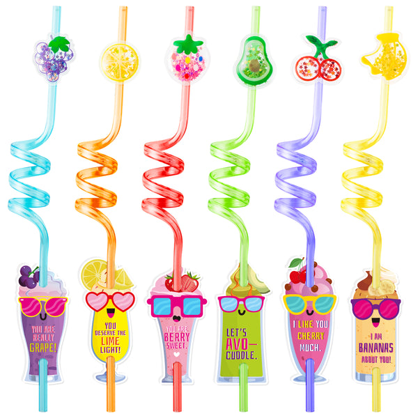 Xqumoi 24Pcs Valentines Glitter Fruit Straws with Exchange Cards Crazy Loop Drinking Plastic Straws Valentine’s Day Party Supplies Favors Gift Kids School Class Student Prizes with 2 Cleaning Brush