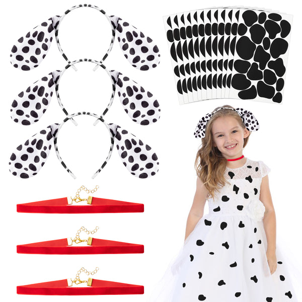 Xqumoi Dalmatian Spot Dog Costume Puppy Ears Headband Velvet Necklaces Adhesive Sticker Book Week Costume 100th Day of School