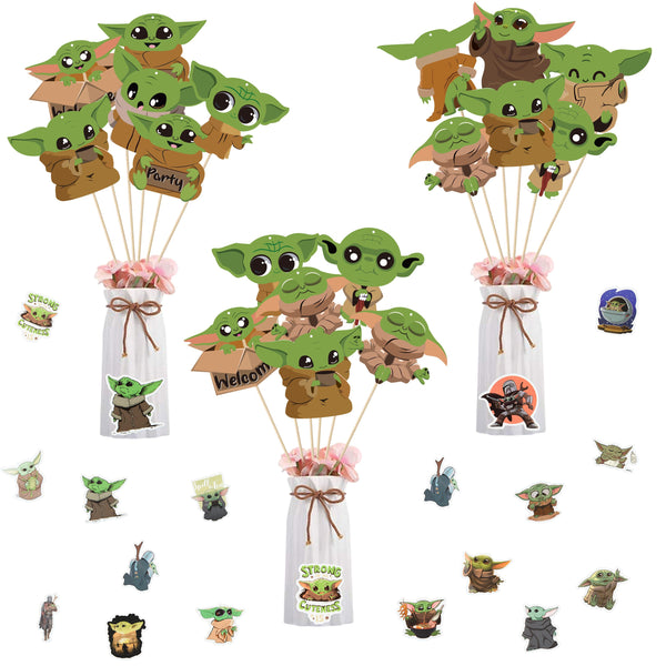 Xqumoi 80Pcs Baby Yoda Party Decorations, Centerpiece Sticks Table Toppers and Stickers, Cupcake Toppers Photo Booth Props for Kids Space Galaxy Wars Child Alien Themed Party Favors Supplies Birthday