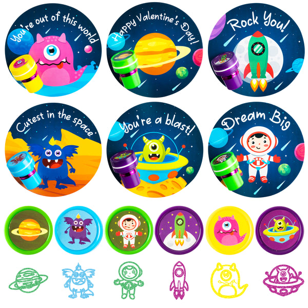 Xqumoi 24Pcs Valentine’s Day Outer Space Stampers with Gift Cards Valentines Greeting Cards Monster Planet Stamps Party Favors Kids Exchange Gifts School Classroom Student Prizes Goody Bag Fillers