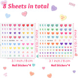 Xqumoi 8 Sheets Conversation Heart Candy Nail Stickers Art Decals 3D Self-Adhesive Nail Decals Colourful Heart Love Patterns Design DIY Manicure Nail Accessories Decorations Gift for Women Girls