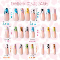 Xqumoi 24Pcs Mix Match Press on Nails Long Coffin Fake Nails Smile Flowers Yin Yang Checkered Flame Cow Printed Nail Tips French Y2k Funky Retro Kidcore Aesthetic False Nails with Glue for Women Girls