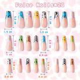 Xqumoi 24Pcs Mix Match Press on Nails Long Coffin Fake Nails Smile Flowers Yin Yang Checkered Flame Cow Printed Nail Tips French Y2k Funky Retro Kidcore Aesthetic False Nails with Glue for Women Girls