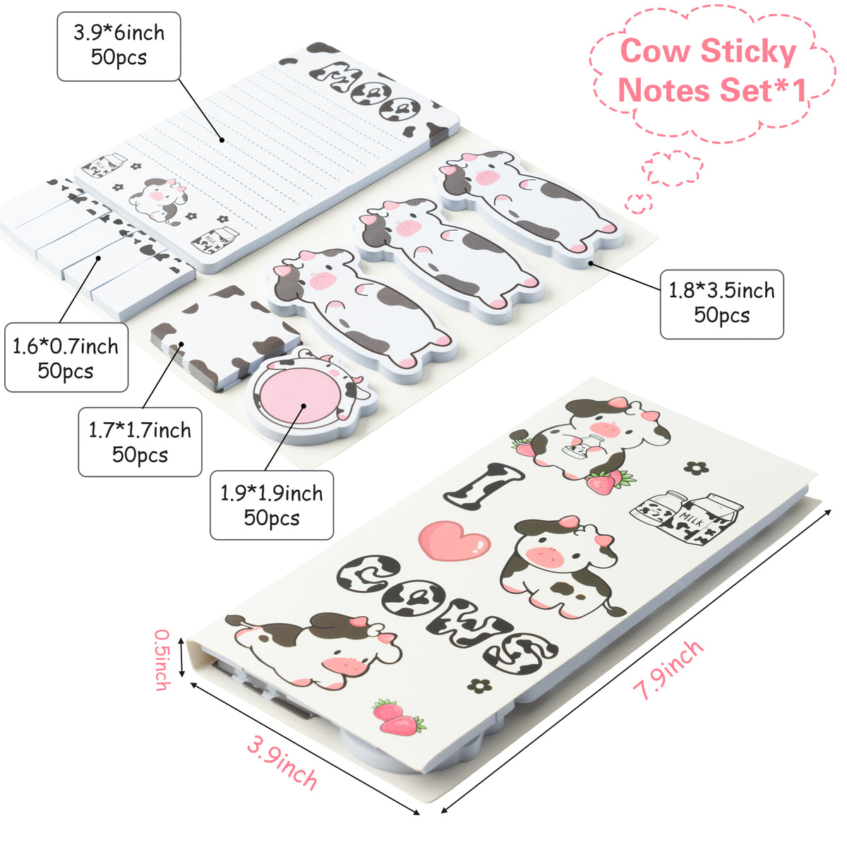 Xqumoi I Just Really Like Cow Sticky Notes Set, 550 Sheets, Cute Pink