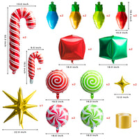 Xqumoi 30Pcs Christmas Foil Balloons Set Candy Canes Square Shaped Cube Light Bulbs Stars Round Candy Mylar Balloons with ribbon Aluminum Balloons for Christmas Party Supplies New Year Eve Decoration