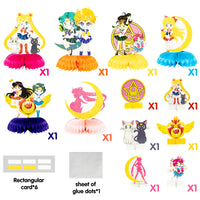 Xqumoi 12 Pcs Sailor Moon Honeycomb Centerpieces Table Toppers 3D Cardstock Table Decorations Kit, Double-Sided Sailor Moon Themed Party Favors Supplies Photo Booth Props for Kids Girls Birthday Party