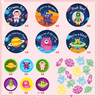 Xqumoi 24Pcs Valentine’s Day Outer Space Stampers with Gift Cards Valentines Greeting Cards Monster Planet Stamps Party Favors Kids Exchange Gifts School Classroom Student Prizes Goody Bag Fillers