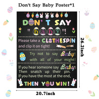 Xqumoi Easter Don't Say Baby Poster Clothespin Game For Baby Shower, Includes 1 Don't Say Baby Poster and 60 Mini Natural Wooden Chick Clothespins Easter themed Gender Reveal Party Supplies Pins Games