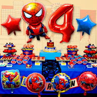 Xqumoi 8Pcs Superhero Balloons 4th Birthday Party Decorations Spider Giant Number 4 Round Square Star Shape Foil Balloons, Superhero Theme Birthday Party Favors Supplies Decorations for Baby Kids Boys