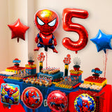 Xqumoi 8Pcs Superhero Balloons 5th Birthday Party Decorations Spider Giant Number 5 Round Square Star Shape Foil Balloons, Superhero Theme Birthday Party Favors Supplies Decorations for Baby Kids Boys