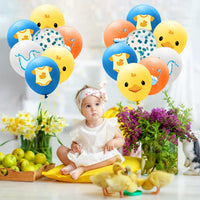 Xqumoi 52Pcs Duck Balloons Set 12Inch Confetti Yellow Blue Cute Ducky Bathtub Bubble Pattern Latex Balloons for Baby Shower Rubber Duck Themed Boys or Girl 1st Birthday Party Decoration Supplies