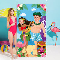 Xqumoi Hawaiian Aloha Photo Door Banner Luau Party Decorations Funny Large Fabric Flamingo Tiki Summer Couple Photo Prop Face Banner Tropical Beach Party Game Supplies, 6 x 3.28 ft