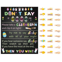 Xqumoi Easter Don't Say Baby Poster Clothespin Game For Baby Shower, Includes 1 Don't Say Baby Poster and 60 Mini Natural Wooden Chick Clothespins Easter themed Gender Reveal Party Supplies Pins Games