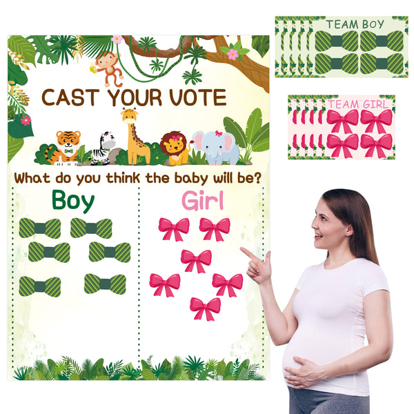 Xqumoi Wild Animals Gender Reveal Party Games Jungle Safari Themed Cast Your Vote Gender Reveal Poster with Team Boy Team Girl Voting Stickers Set Party Pin Games Supplies Decorations Baby Shower