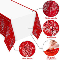 Xqumoi 4Pcs Bandana Wild West Party Table Cover Red Paisley Print Plastic Tablecloths Waterproof Disposable Rectangle Western Cowboy Themed Picnic Birthday Party Supplies Decoration (70.8 x 42.5 Inch)